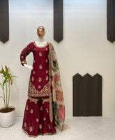 Marron Color  Chinon Sharara Suit Set with Organza Dupatta | Sequin Embroidery